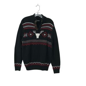 Ralph Lauren Chaps Reindeer Sweater Size M Black Red White High Neck Elbow Patch
